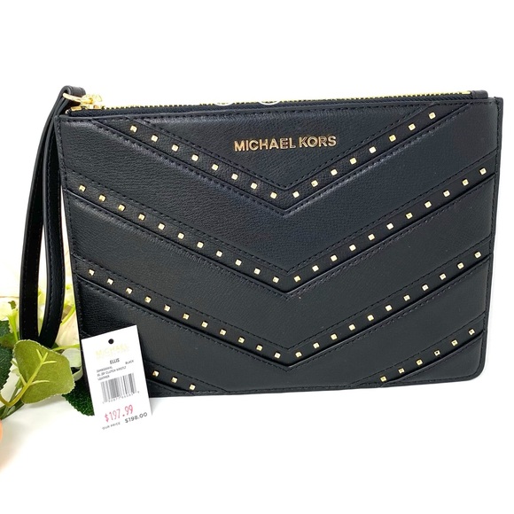 Michael Kors Ellis Clutch Leather Black Gold W - Picture 6 of 7